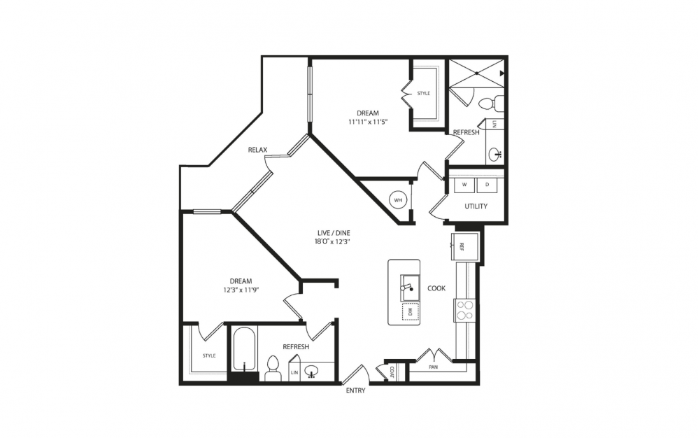 B3 - 2 bedroom floorplan layout with 2 baths and 1152 to 1320 square feet. (2D Flat)