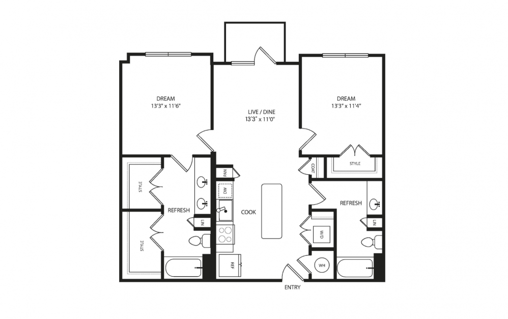 B5 - 2 bedroom floorplan layout with 2 baths and 1132 square feet. (2D Flat)