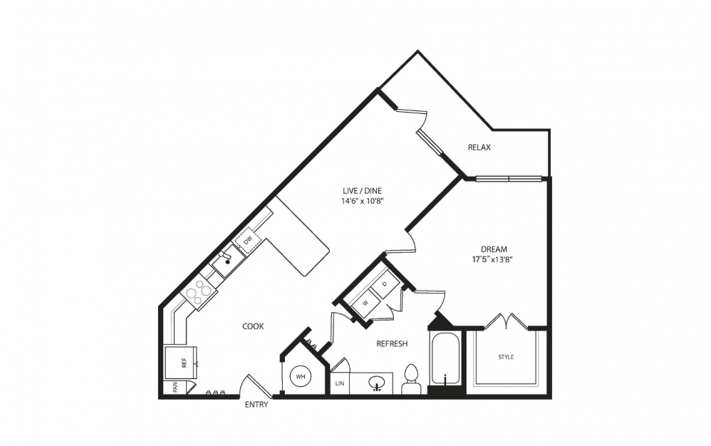 A3 - 1 bedroom floorplan layout with 1 bath and 807 to 886 square feet. (2D Flat)