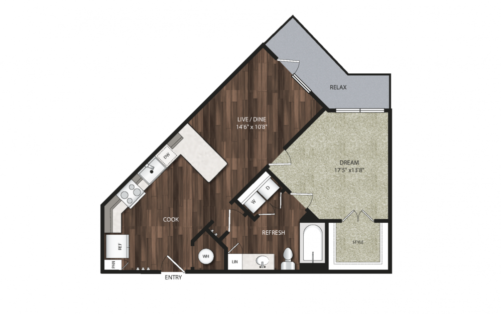 A3 - 1 bedroom floorplan layout with 1 bath and 807 to 886 square feet. (2D)