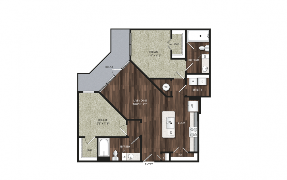 B3 - 2 bedroom floorplan layout with 2 baths and 1152 to 1320 square feet. (2D)