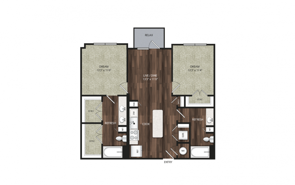 B5 - 2 bedroom floorplan layout with 2 baths and 1132 square feet. (2D)