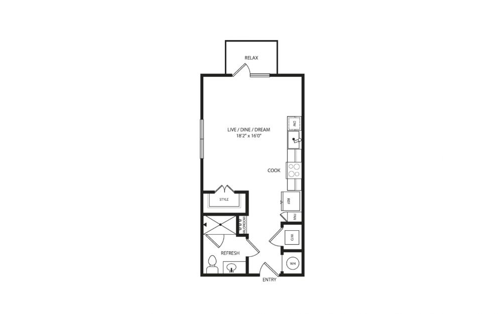 E1  - Studio floorplan layout with 1 bath and 501 to 615 square feet. (2D Flat)